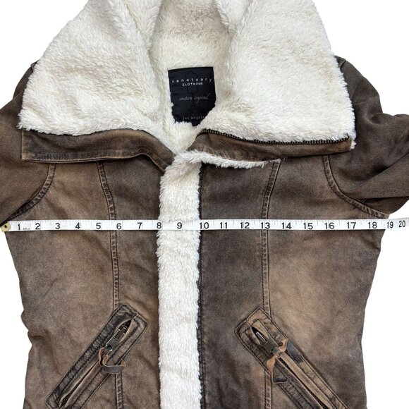 Women Small Sherpa Lined Faux Leather Aviator Bomber Jacket Brown Winter - Picture 9 of 10